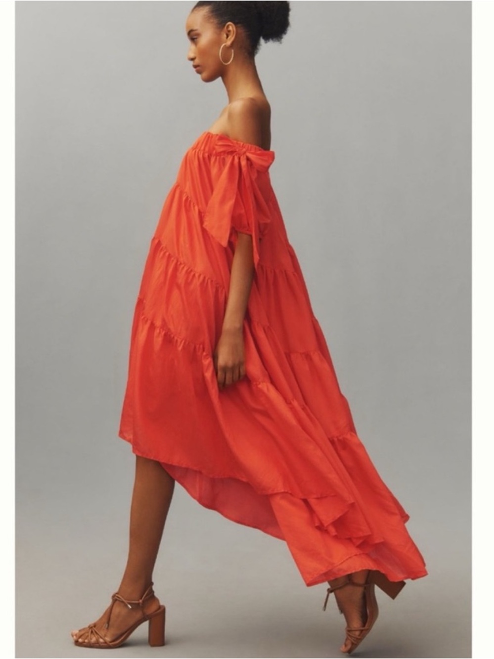 Anthro Off-The-Shoulder Silky look Tiered High-Low Wedding  Vacay Midi Dress, S